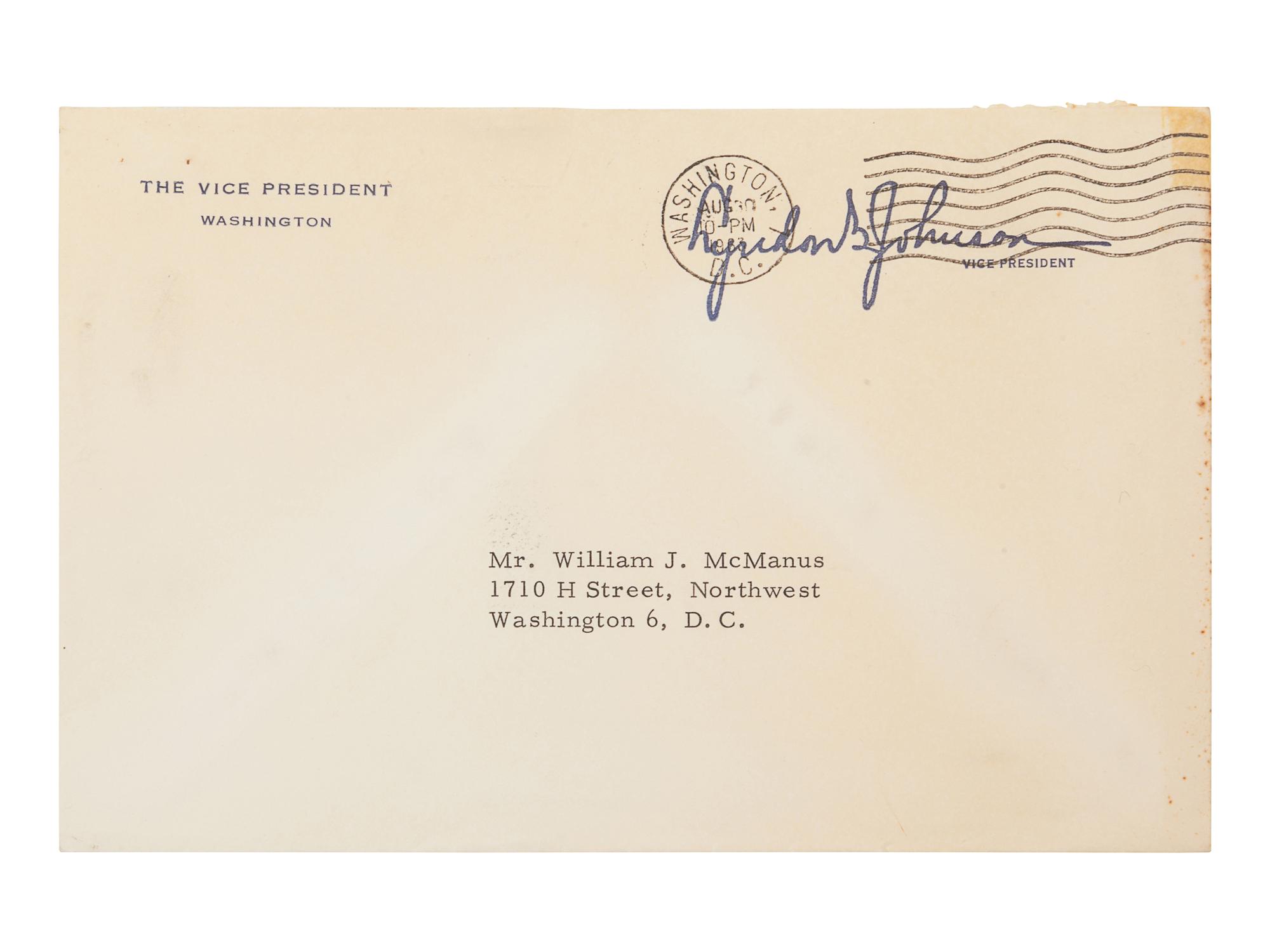 JOHNSON, Lyndon B. (1908-1973). Typed letter signed (“Lyndon”), as Vice President, to William J. McManus. Washington D.C., 28 April 1963. 1 page, 8vo, on Vice President stationary, with envelope, toning, adhesive residue to upper and lower margins.
