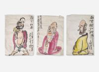 Ding Yanyong (Chinese, 1902-1978), Two Lohan and the Monk Jigong, three works, dated equivalent to 1975 or 1976 丁衍庸（1902-1978）羅漢與濟公一組三幅 1975及1976
