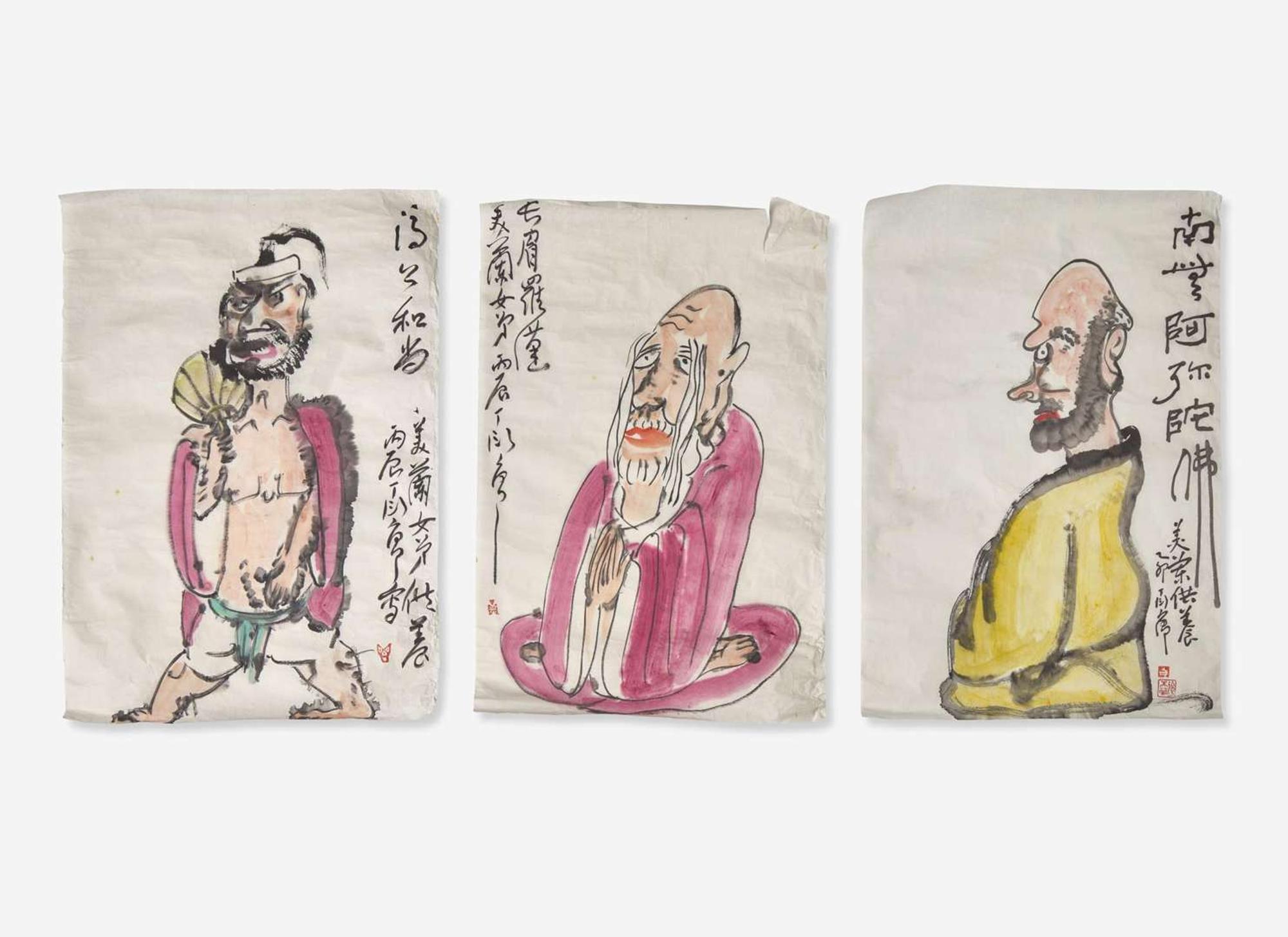Ding Yanyong (Chinese, 1902-1978), Two Lohan and the Monk Jigong, three works, dated equivalent to 1975 or 1976 丁衍庸（1902-1978）羅漢與濟公一組三幅 1975及1976
