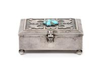 A Navajo Silver and Turquoise Box, Mary Morgan (b. 1923) Height 1 1/4 x width 2 1/2 x length 3 1/2 inches.