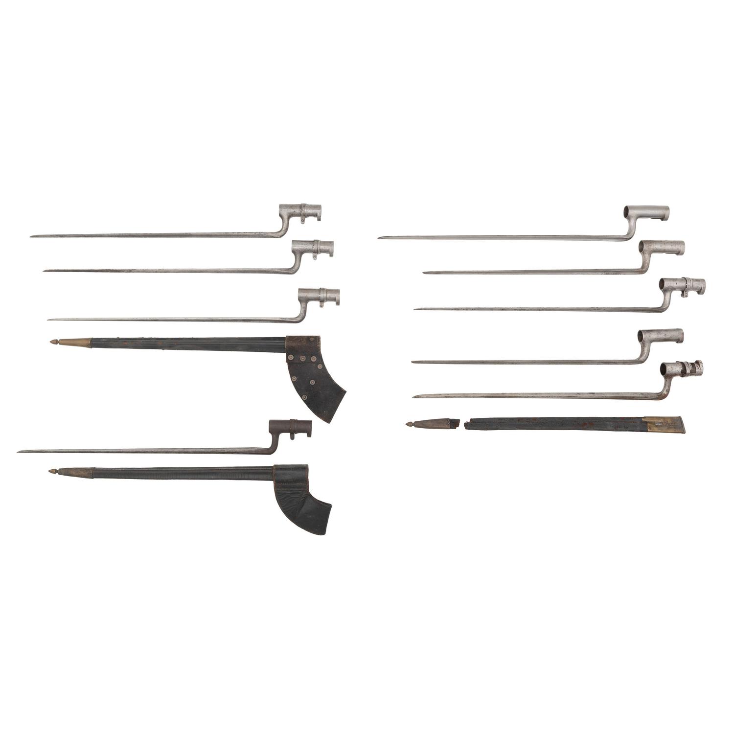 Group of Nine 19th Century US Socket Bayonets & 3 Scabbards: (5) M1855, (1) M1835 Replacement & (3) US M1816/22/27