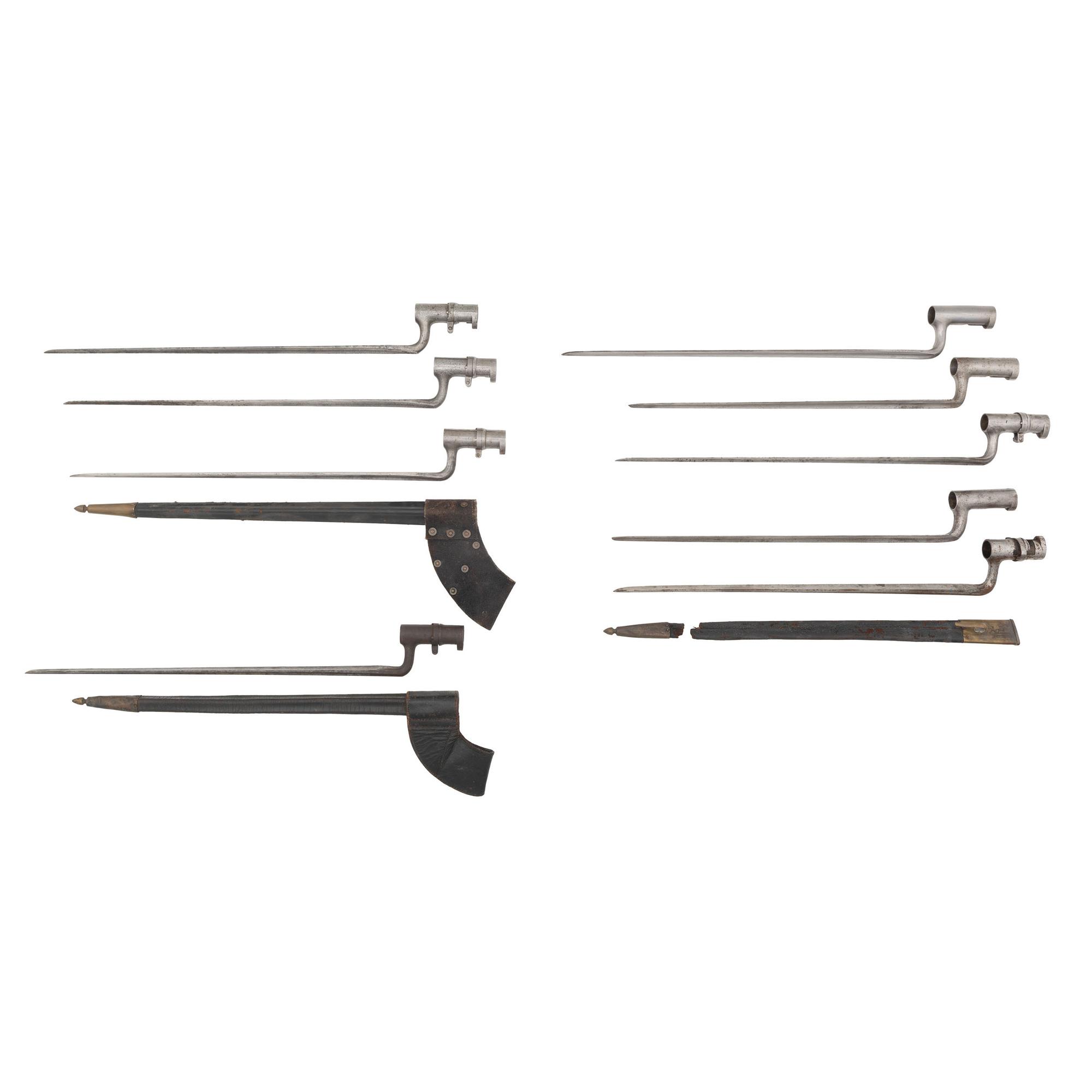 Group of Nine 19th Century US Socket Bayonets & 3 Scabbards: (5) M1855, (1) M1835 Replacement & (3) US M1816/22/27