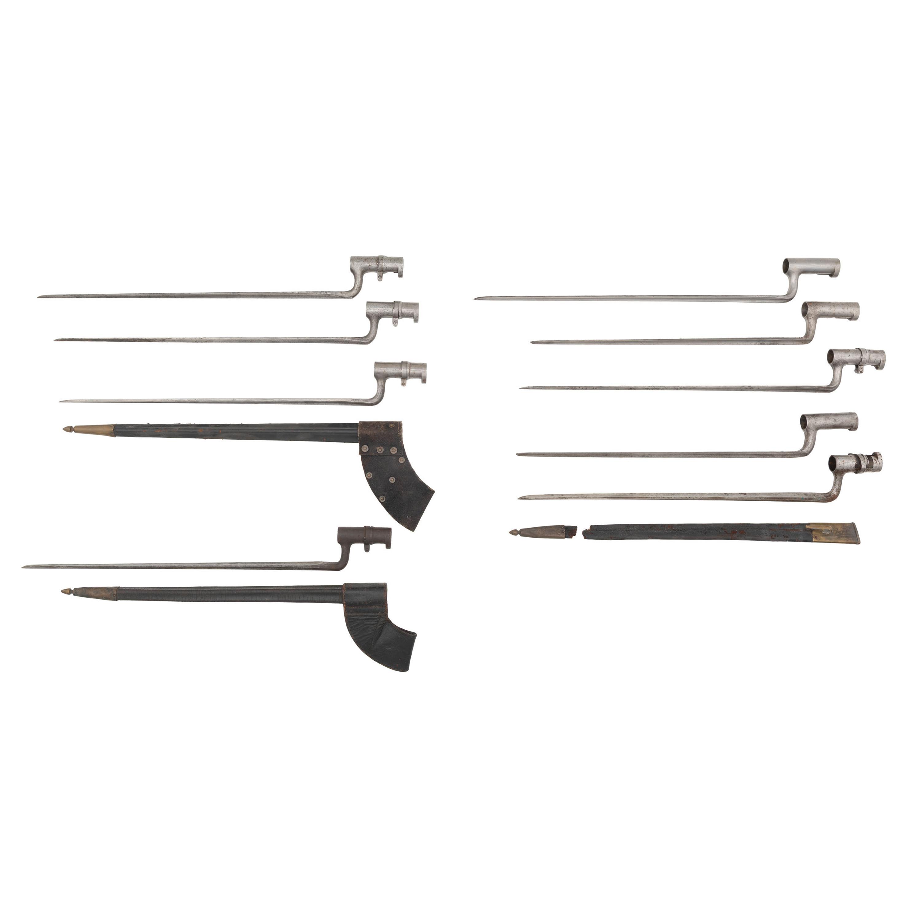 Group of Nine 19th Century US Socket Bayonets & 3 Scabbards: (5) M1855, (1) M1835 Replacement & (3) US M1816/22/27