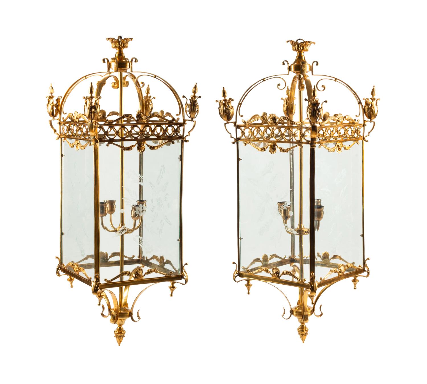 A Pair of Louis XVI Style Gilt Bronze and Etched Glass Hall Lanterns