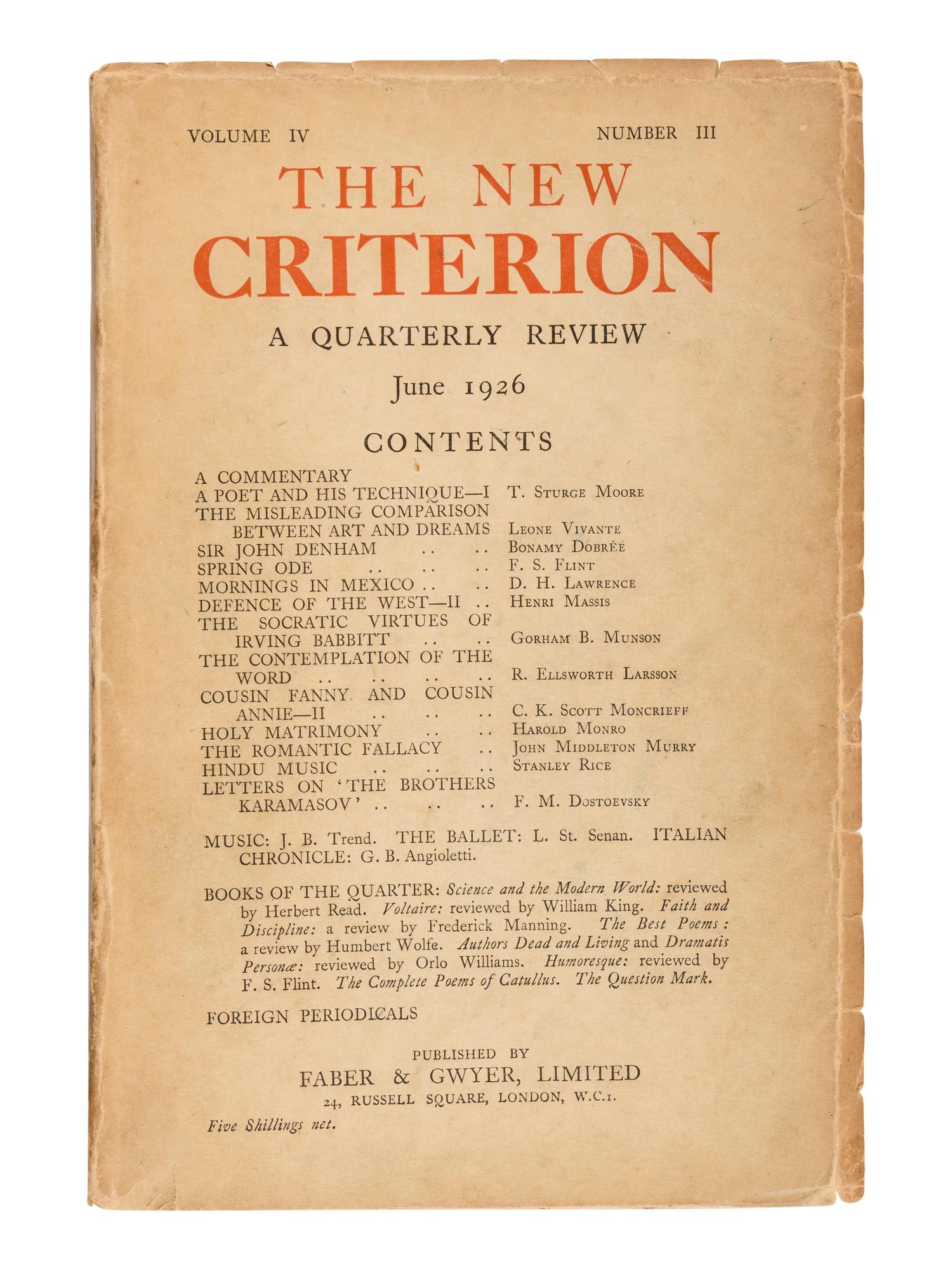 ELIOT, T.S., editor. The Criterion . London: R. Cobden Sanderson, Faber & Gwyer et al. October 1922-January 1939.