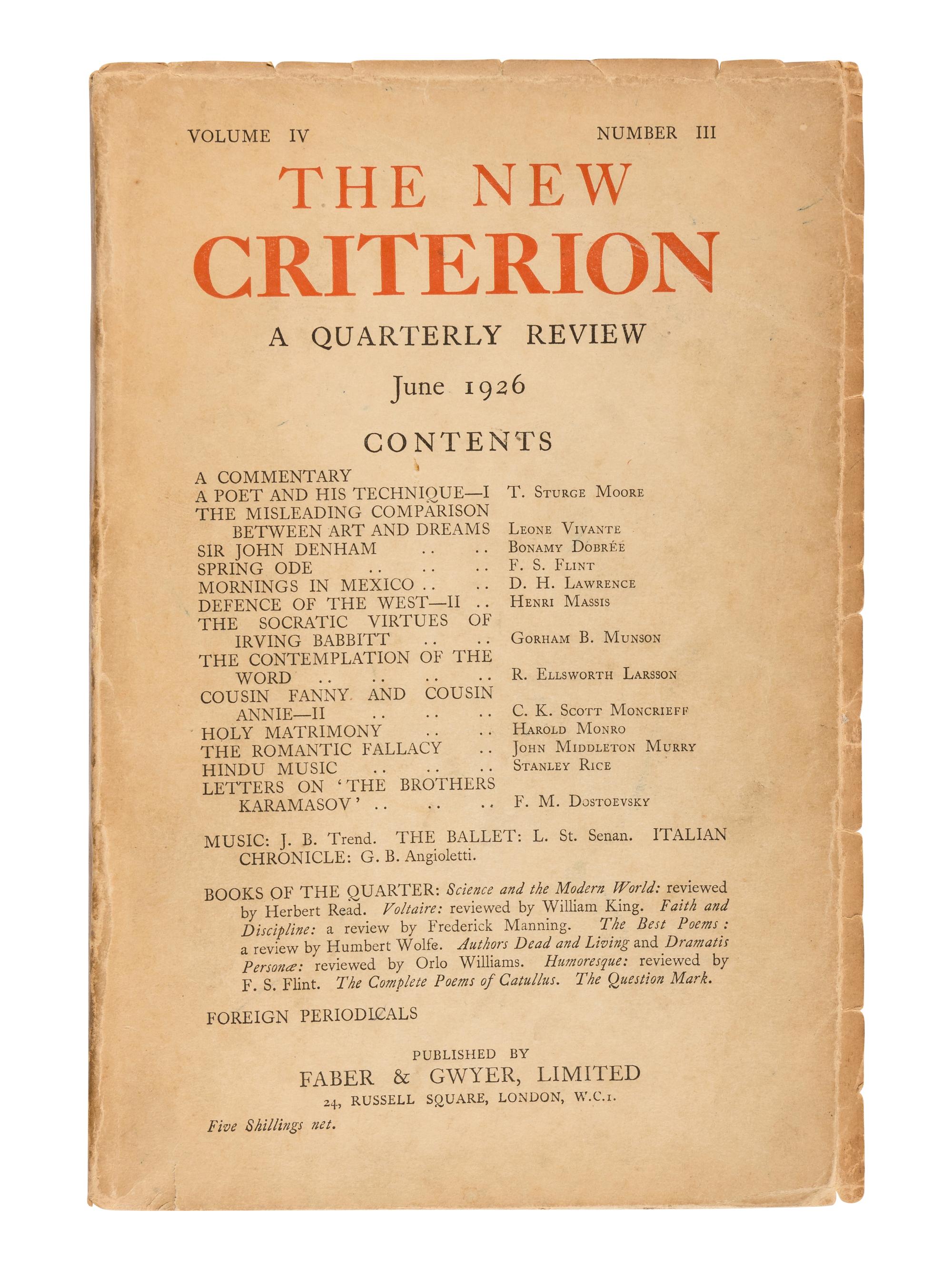 ELIOT, T.S., editor. The Criterion . London: R. Cobden Sanderson, Faber & Gwyer et al. October 1922-January 1939.