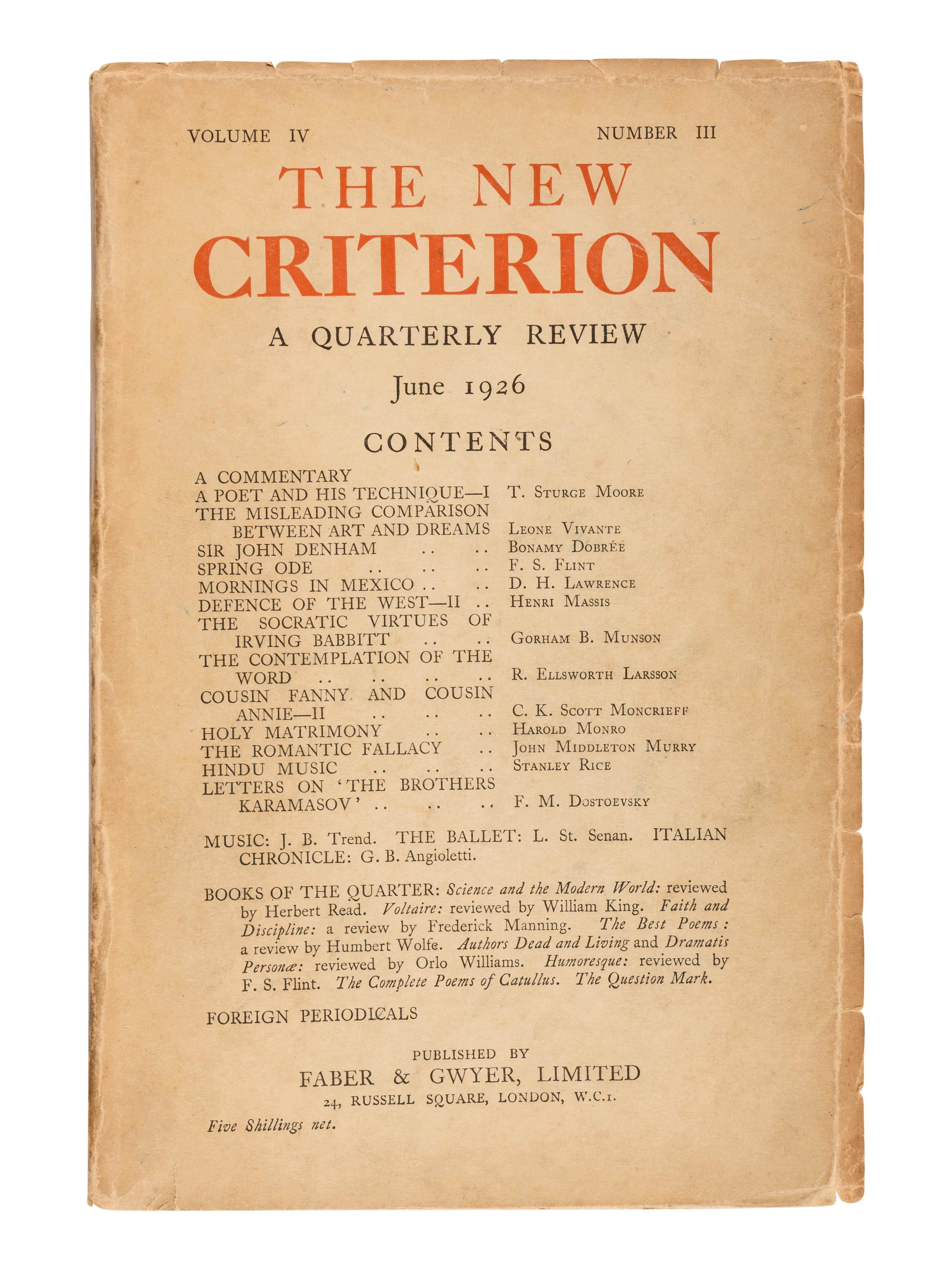 ELIOT, T.S., editor. The Criterion . London: R. Cobden Sanderson, Faber & Gwyer et al. October 1922-January 1939.