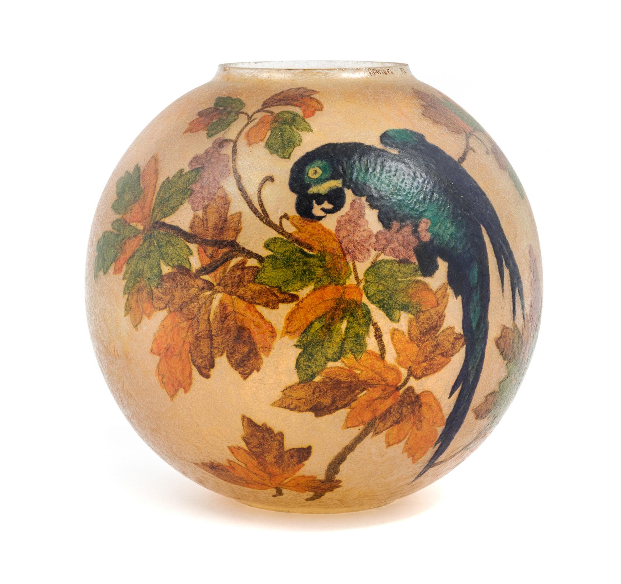 Handel, EARLY 20TH CENTURY, a reverse painted globe, of spherical form decorated with parrots