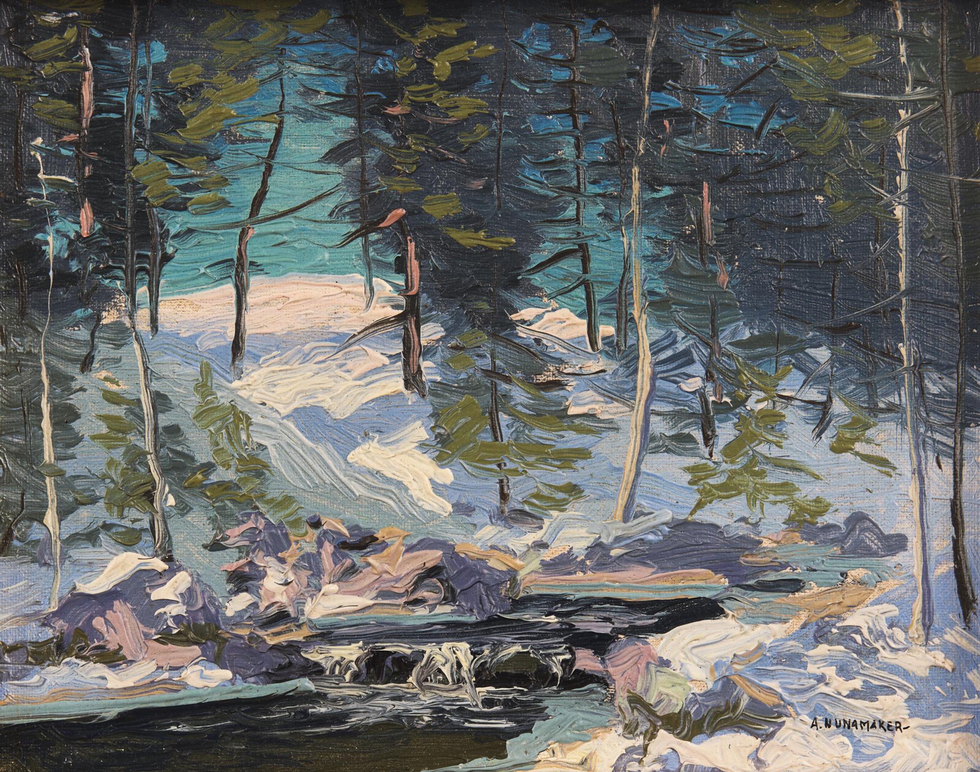 Kenneth R. Nunamaker (American, 1890-1957) and Alfred Nunamaker (American, 1915-1988) — Christmas Morning, Autumn, and The Brook (Three Works by Kenneth R. Nunamaker) ; together with Waterfall and Winter Brook (Two Works by Alfred Nunamaker)
