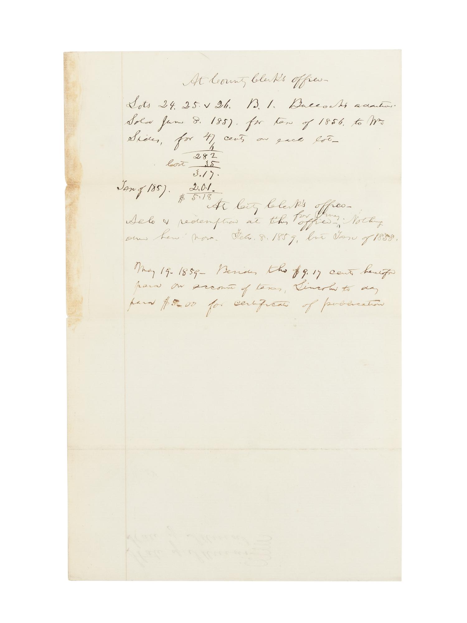 LINCOLN, Abraham (1809-1865). A small archive of 9 manuscript and partially printed documents relating to the Bullock Land Transaction, Springfield, Illinois, 1855-1859, comprising: