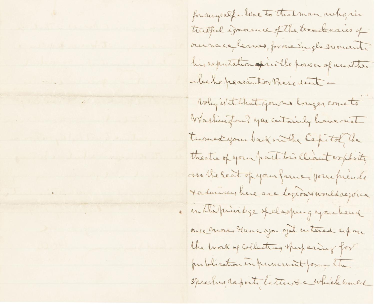 HOLT, Joseph (1807-1894). Autograph letter, signed ("J. Holt") to former assistant John A. Bingham. Washington, D.C., 8 August 1888.