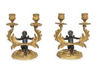 A Pair of Louis XV Style Gilt and Painted Bronze Two-Light Candelabra