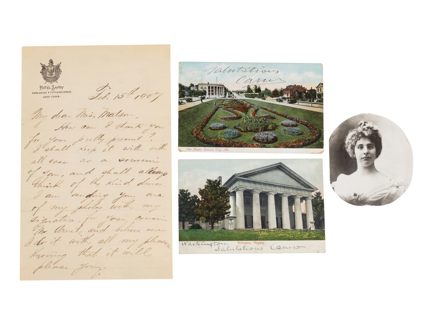CARUSO, Enrico (1873-1921). Autograph letter signed ("Enrico Caruso"). To Miss Elizabeth Matson, Feb. 15th 1907.