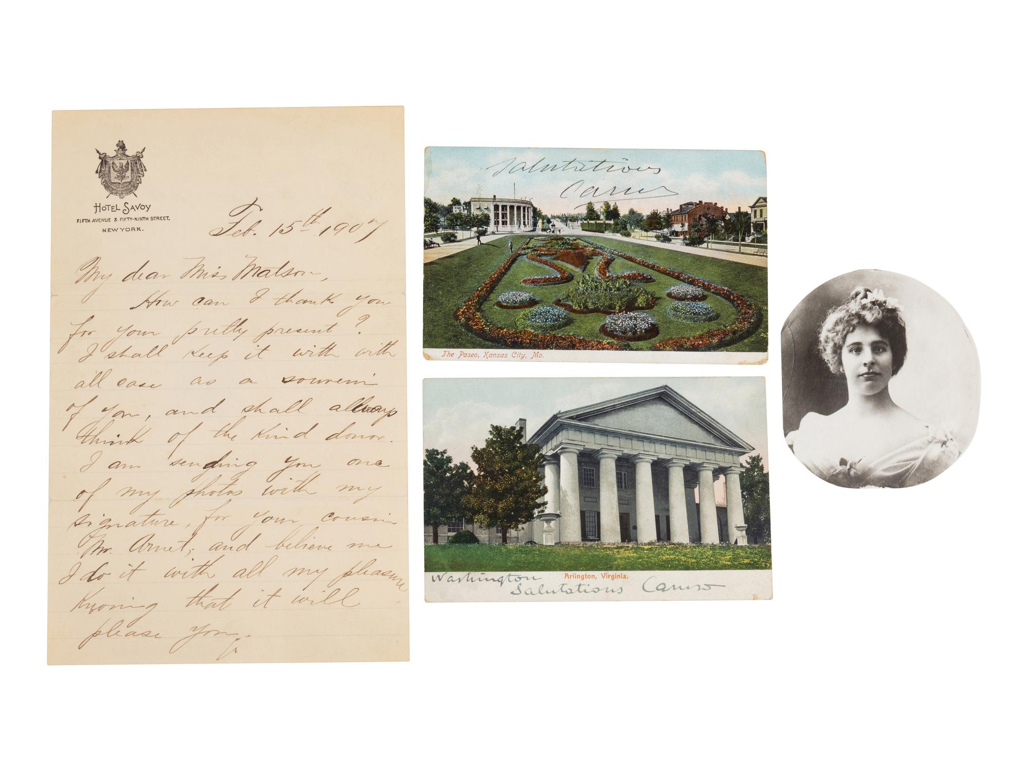 CARUSO, Enrico (1873-1921). Autograph letter signed ("Enrico Caruso"). To Miss Elizabeth Matson, Feb. 15th 1907.