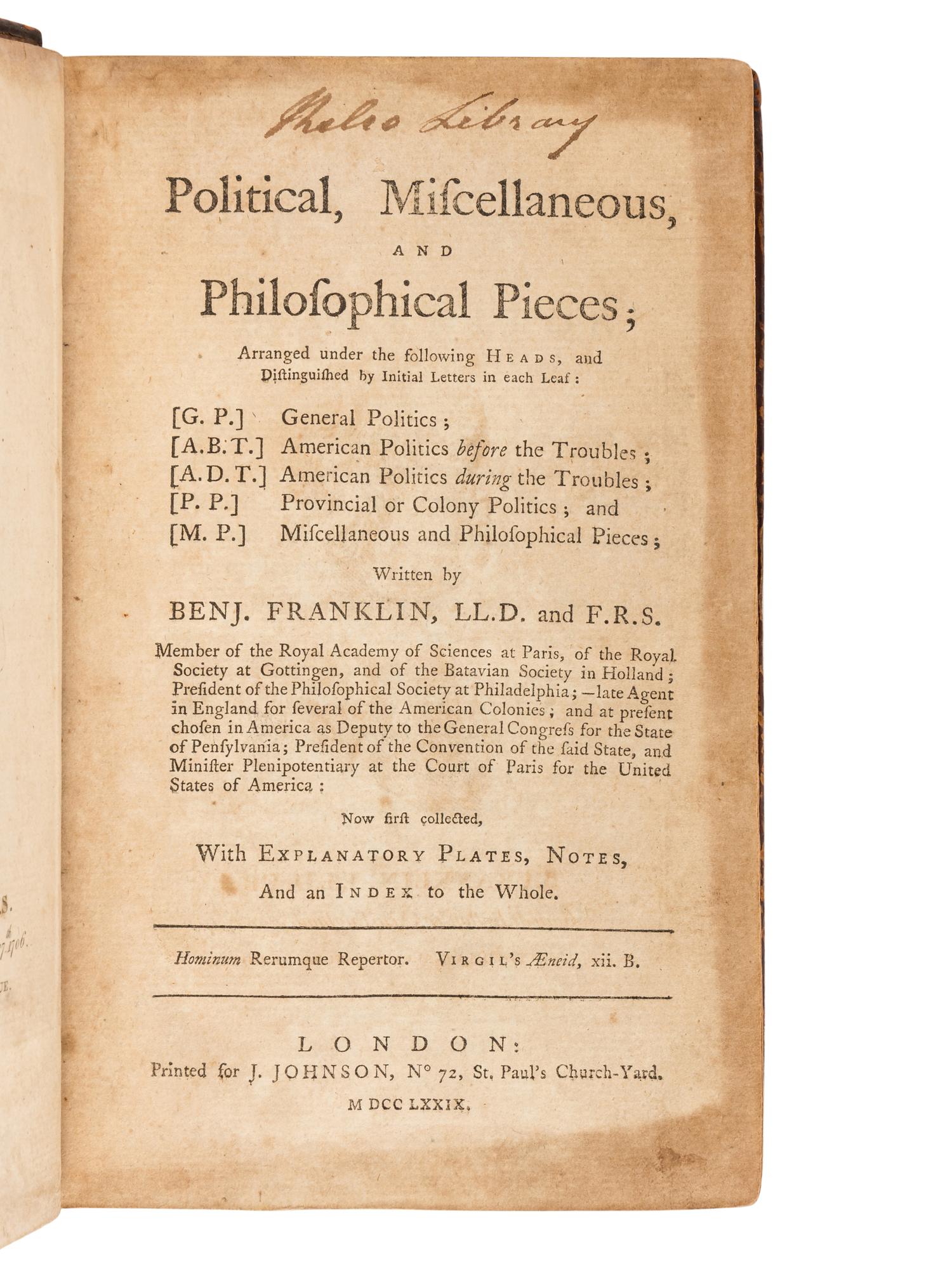 FRANKLIN, Benjamin (1706-1790). Political, Miscellaneous, and Philosophical Pieces . London: J. Johnson, 1779.