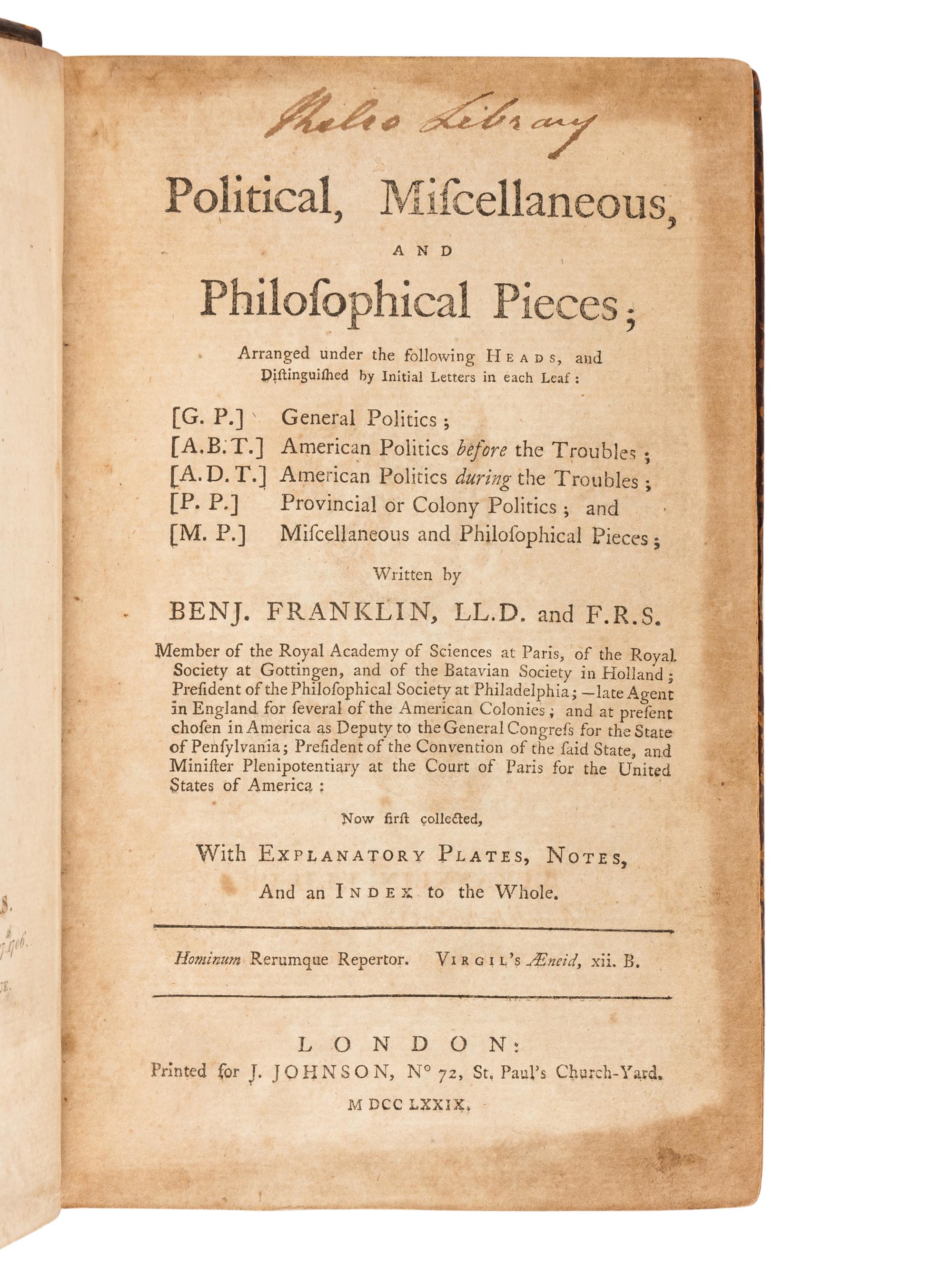FRANKLIN, Benjamin (1706-1790). Political, Miscellaneous, and Philosophical Pieces . London: J. Johnson, 1779.