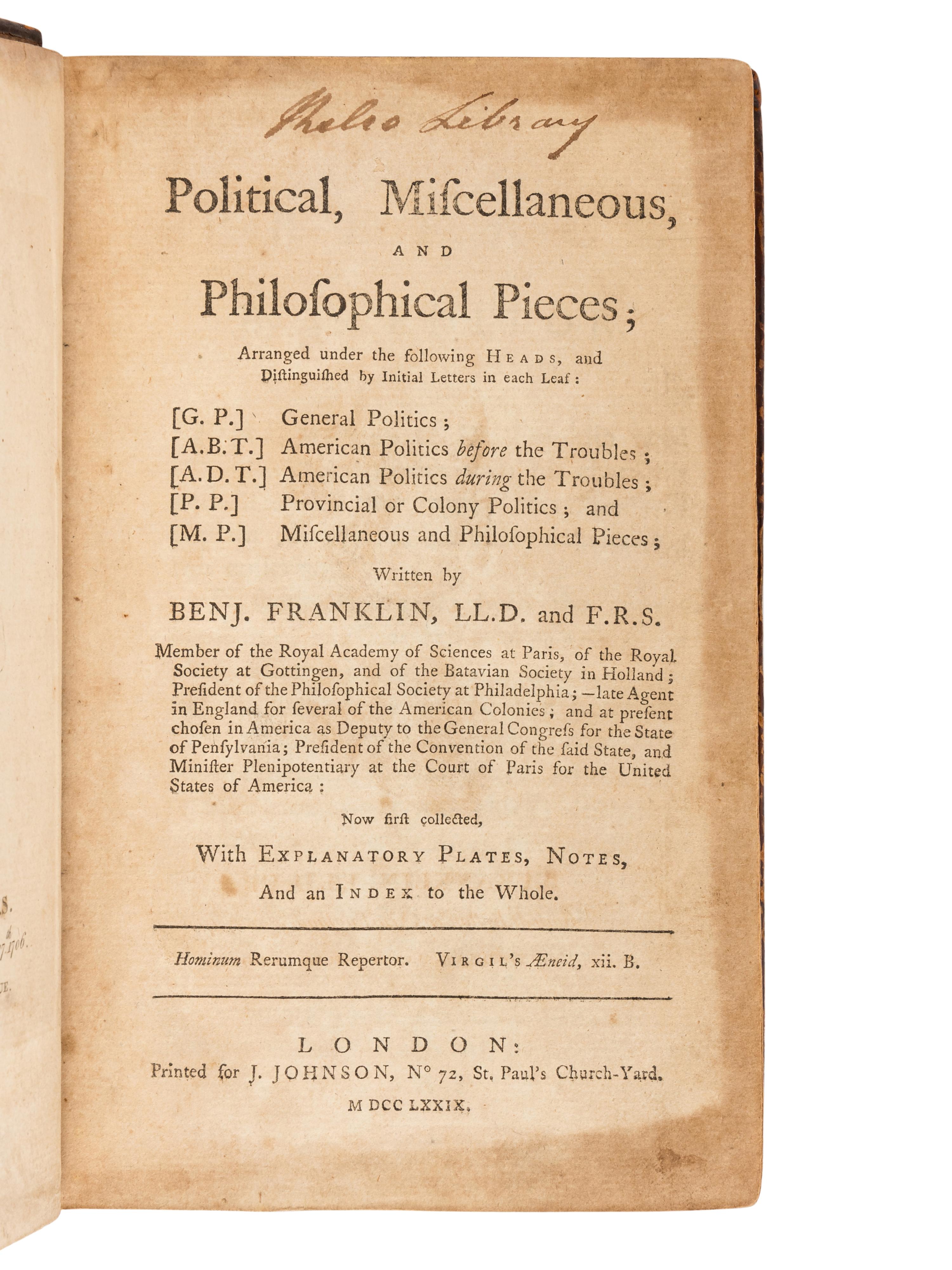FRANKLIN, Benjamin (1706-1790). Political, Miscellaneous, and Philosophical Pieces . London: J. Johnson, 1779.