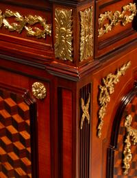 A Pair of Louis XVI Style Gilt Bronze Mounted Parquetry Marble-Top Cabinets
