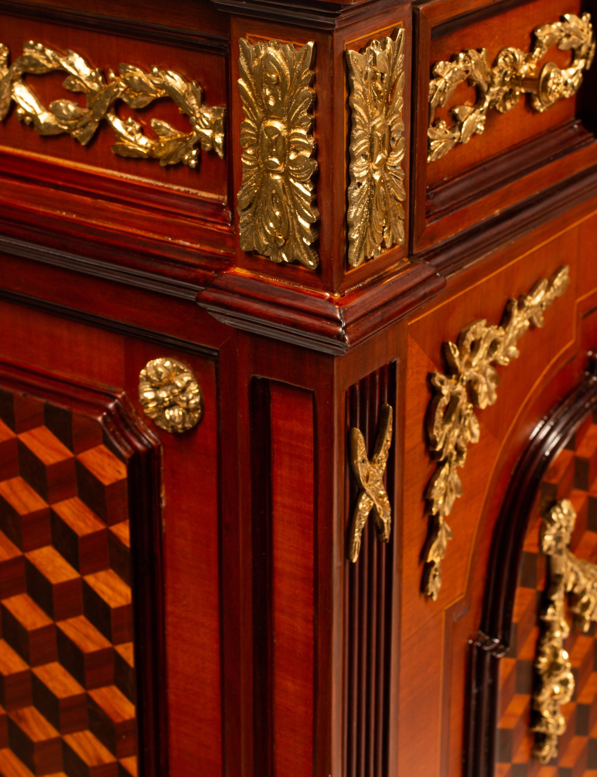 A Pair of Louis XVI Style Gilt Bronze Mounted Parquetry Marble-Top Cabinets