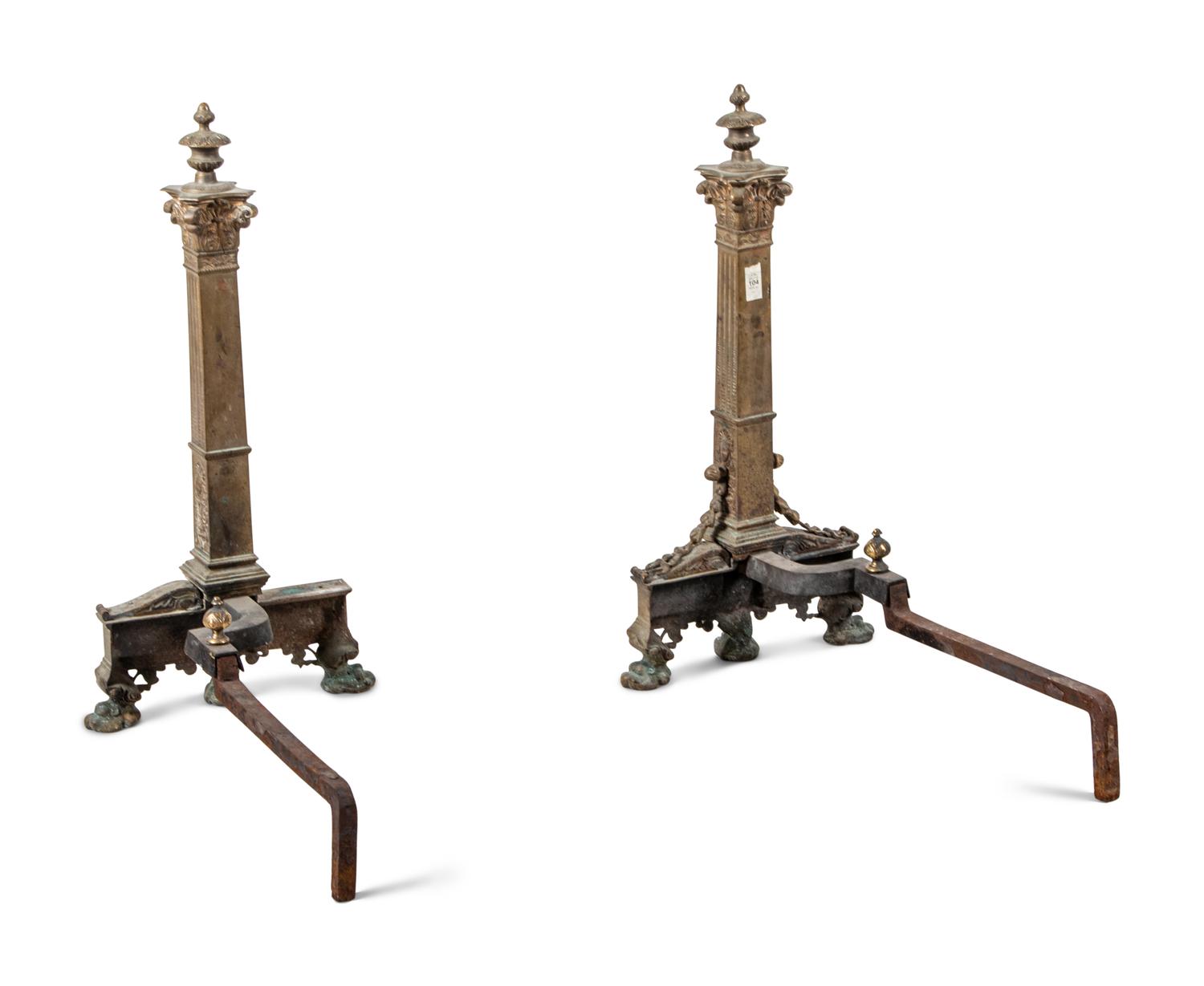 A Pair of Continental Gilt Bronze Andirons with Corinthian Columnar Capitals