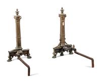 A Pair of Continental Gilt Bronze Andirons with Corinthian Columnar Capitals