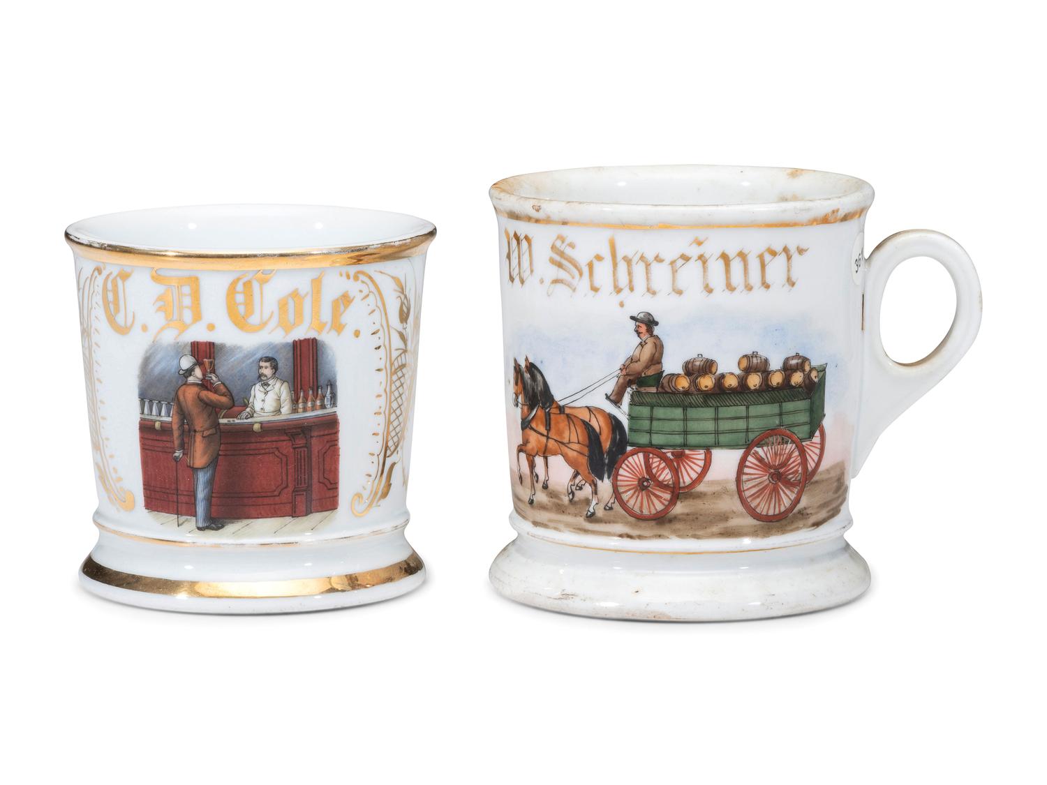 Two Porcelain Occupational Shaving Mugs with Draughtscenes