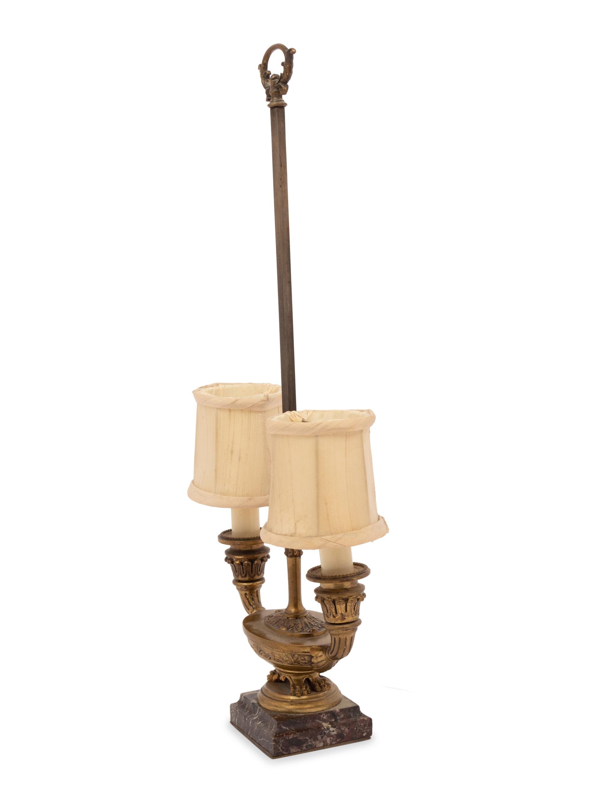 A Continental Gilt Bronze and Marble Two-Light Candelabrum Mounted as a Lamp