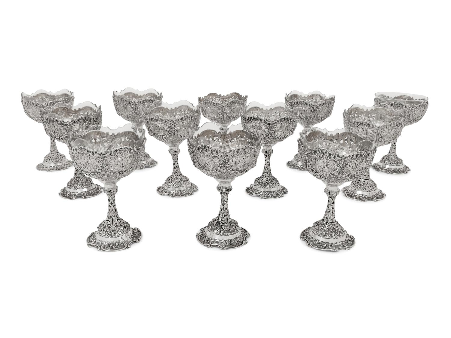 A Set of Twelve German Silver Wine Stems
