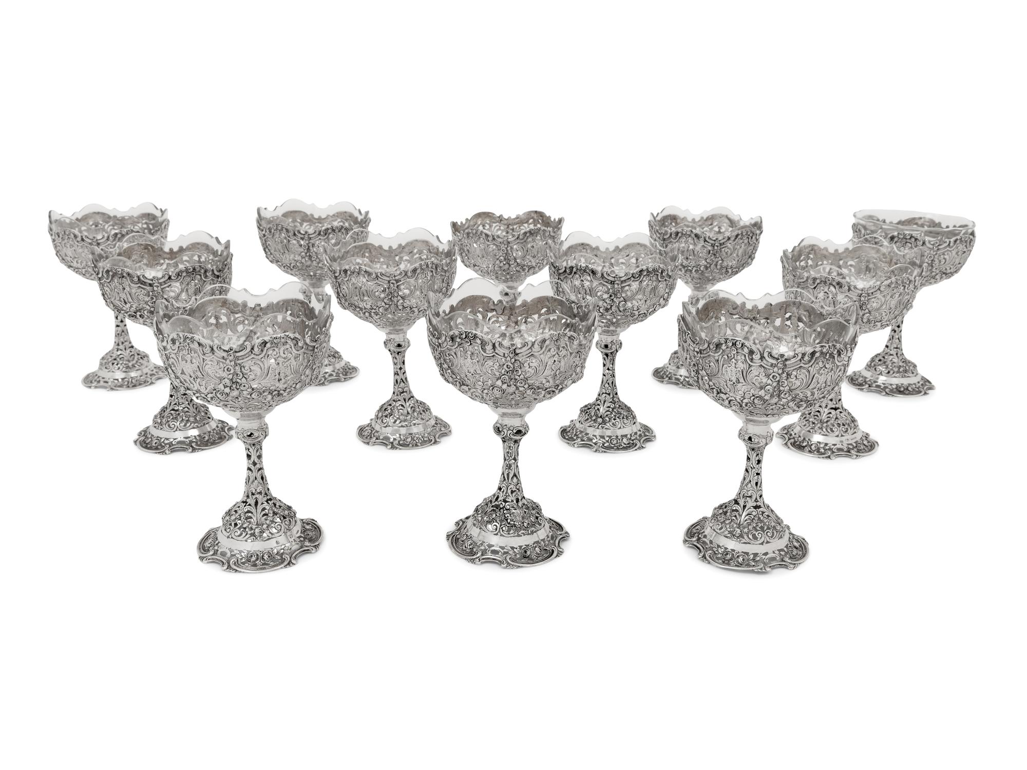 A Set of Twelve German Silver Wine Stems