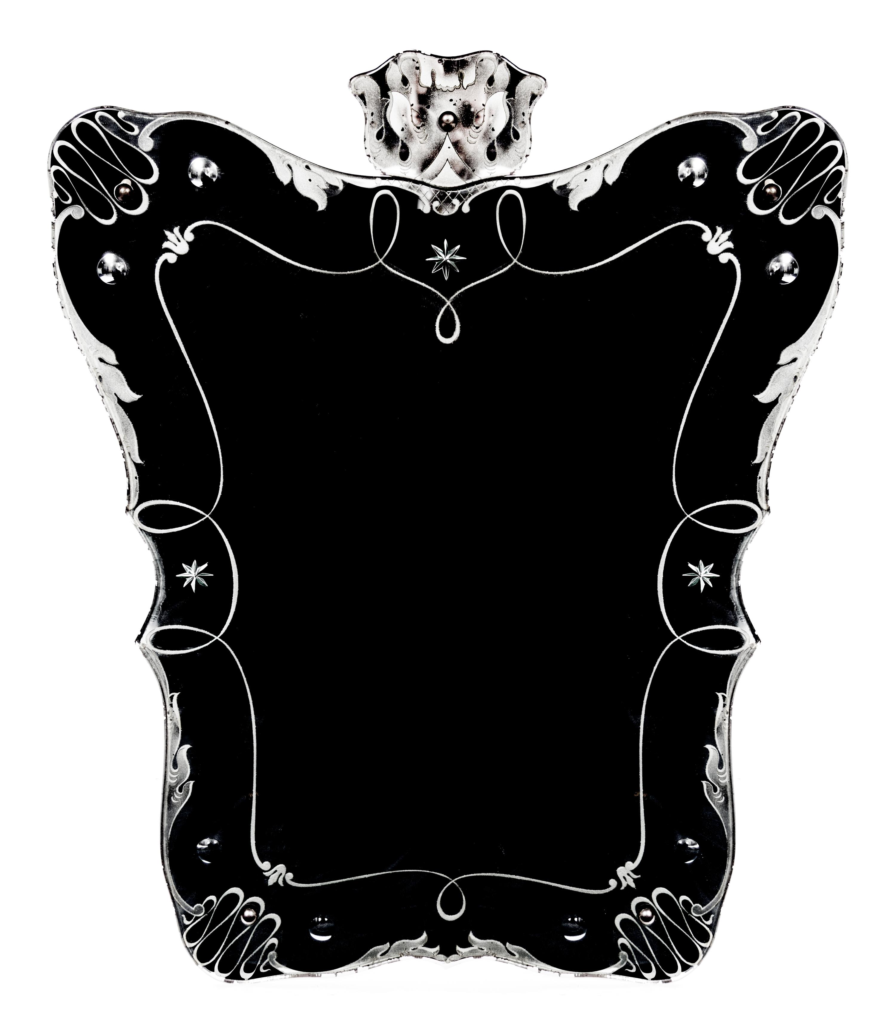 A French Art Deco Etched Glass Mirror Height 33 x width 27 inches.