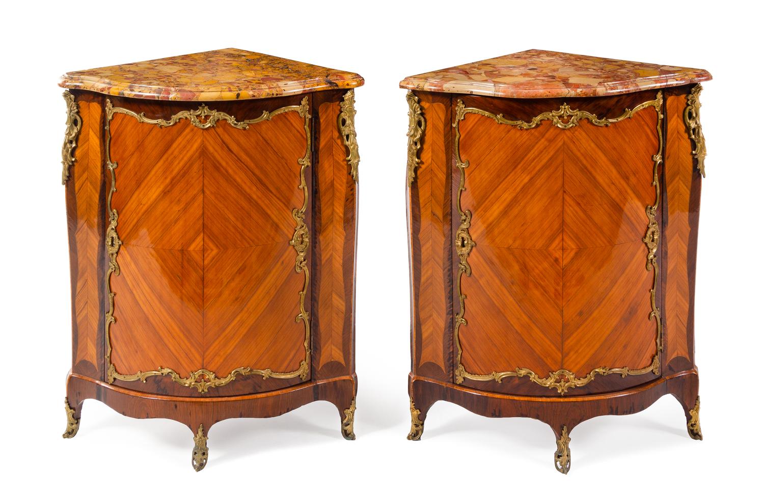 A Pair of Louis XV Gilt Bronze Mounted Palissandre and Tulipwood Encoignures Height 37 x width 28 1/2 x depth 20 inches. — FRANCOIS RUBESTUCK, 18TH CENTURY