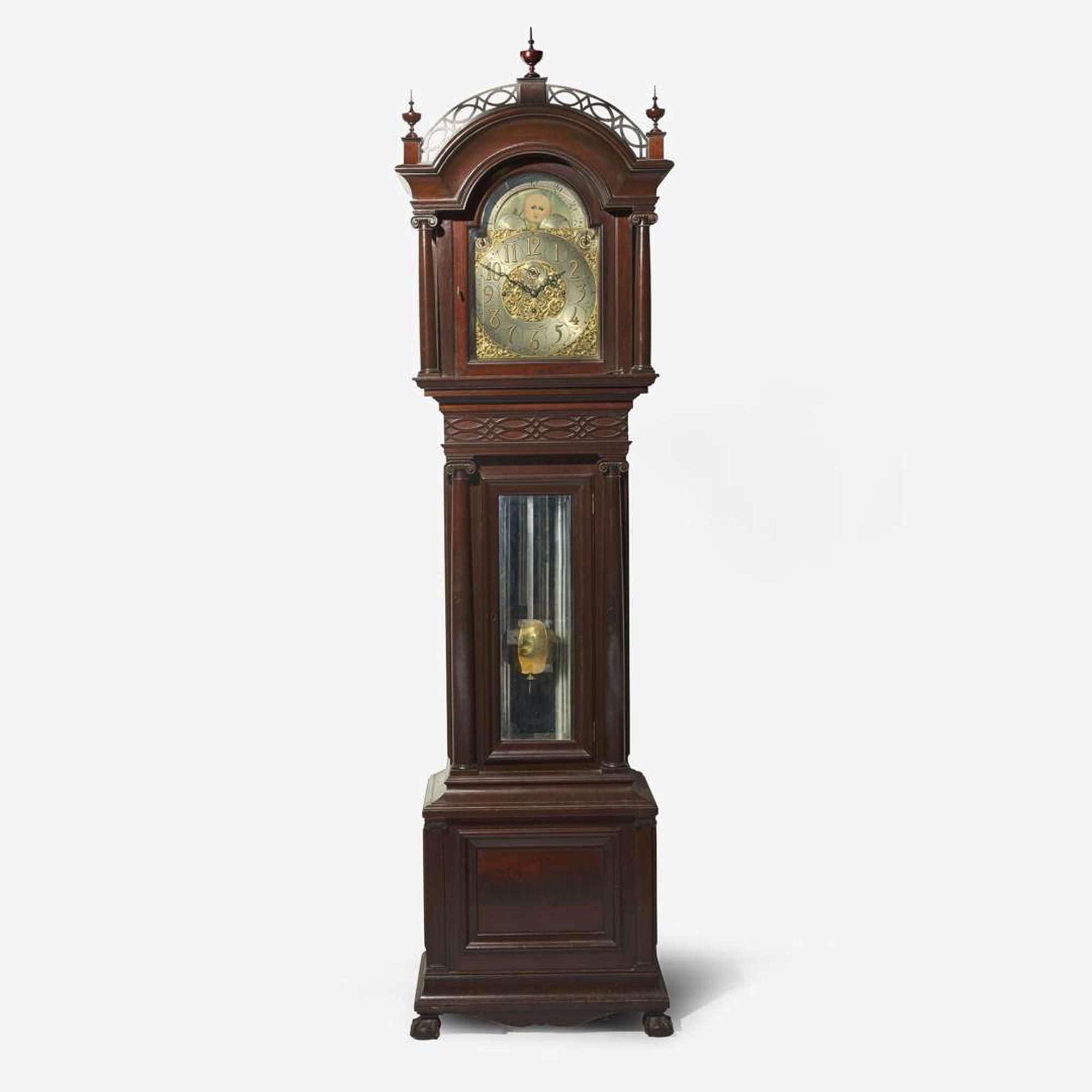 A Colonial Revival four chime carved mahogany tall case clock Bailey Banks & Biddle Co., Philadelphia, PA, early 20th century