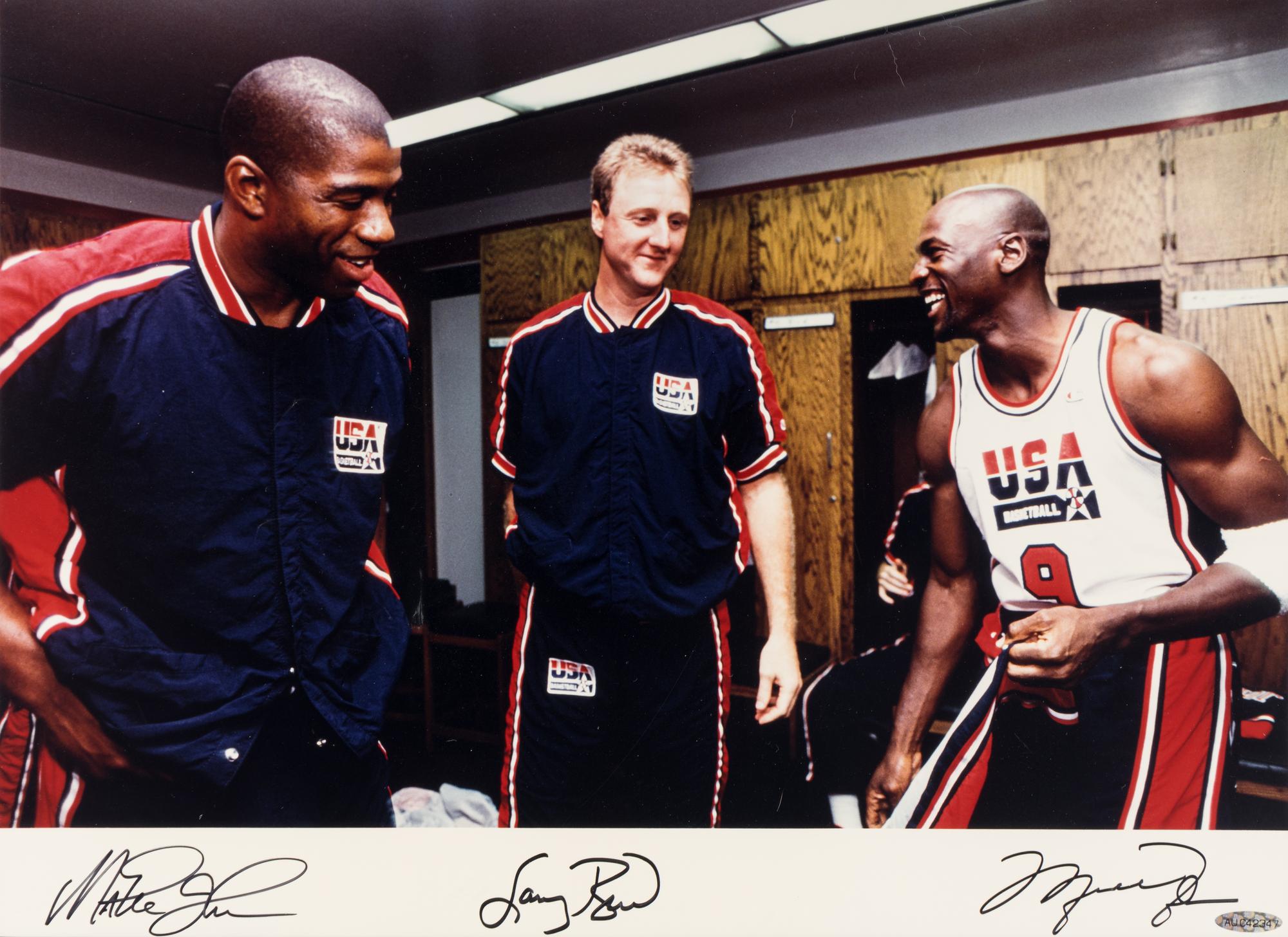 A Michael Jordan, Magic Johnson and Larry Bird 1992 United States Olympic Dream Team Signed Autograph Limited Edition Oversized Photograph (Upper Deck Authenticated),