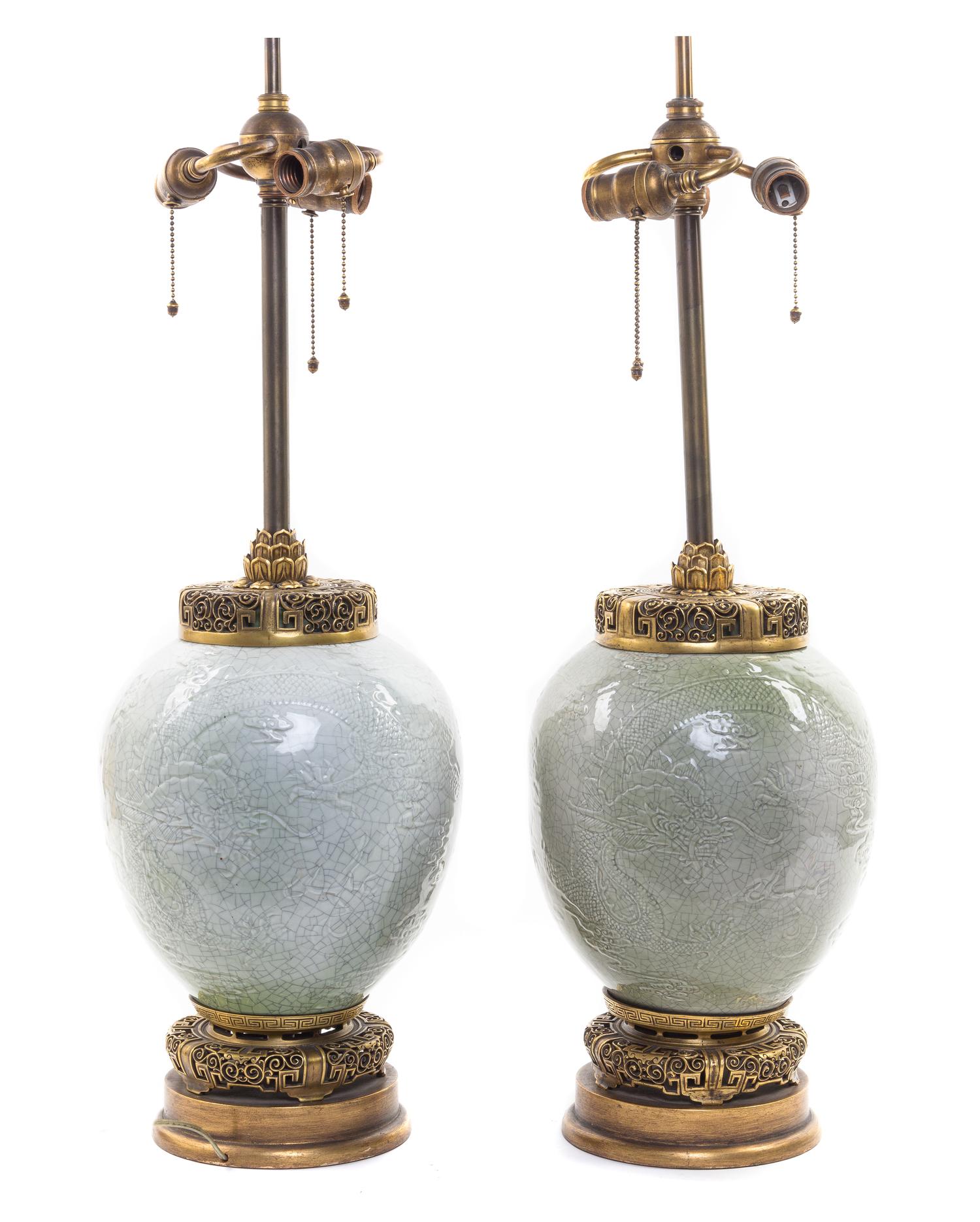 Two Chinese Gilt Metal Mounted Celadon and Crackle Glaze Porcelain Jars Height 35 3/4 inches. — 20TH CENTURY