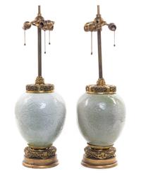 Two Chinese Gilt Metal Mounted Celadon and Crackle Glaze Porcelain Jars Height 35 3/4 inches. — 20TH CENTURY