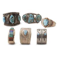 Group of six Navajo turquoise and silver bracelets Various makers, 20th century