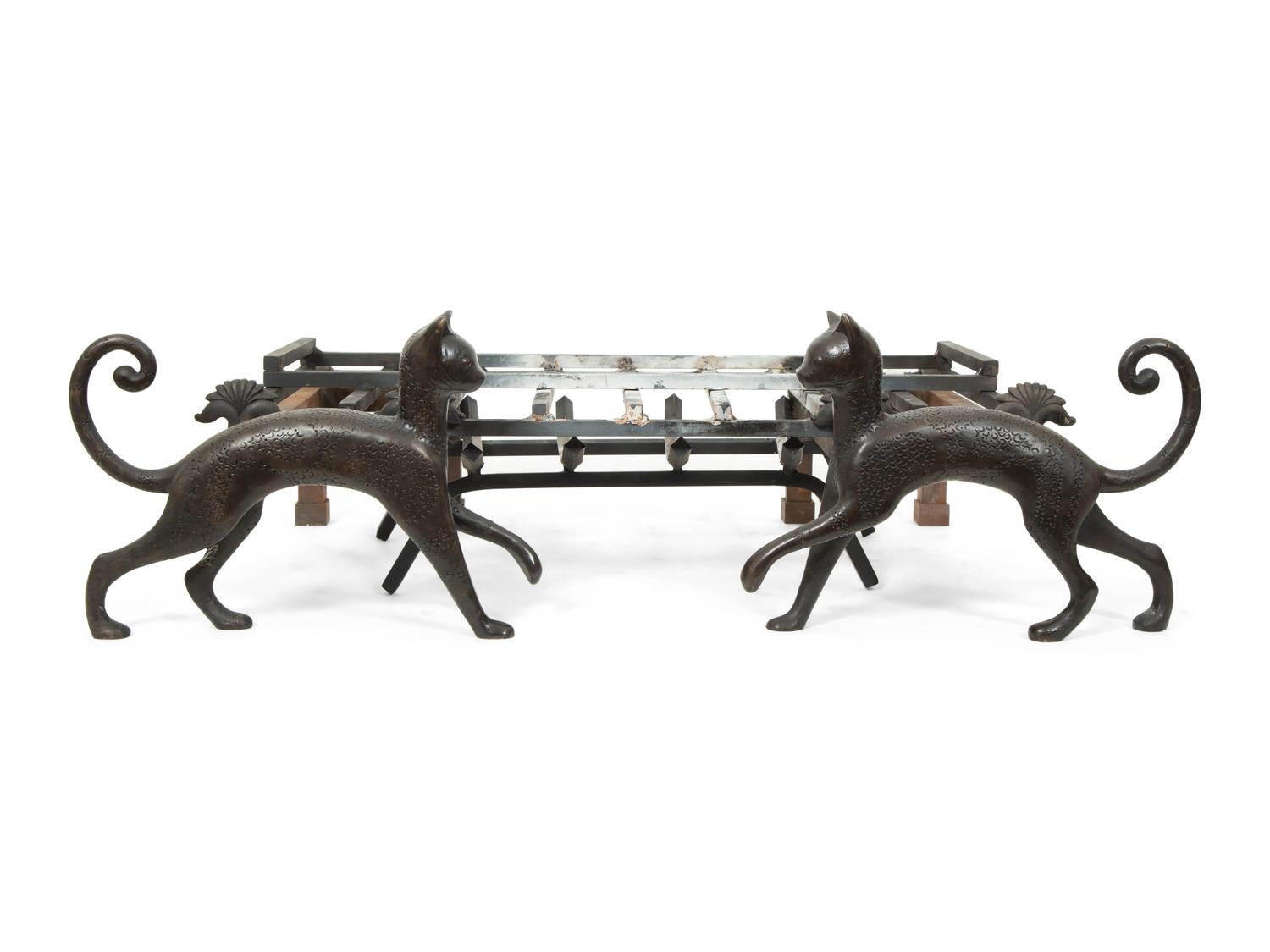 A Pair of Iron Cat Andirons after Armand Albert Rateau, by Atelier Moderne