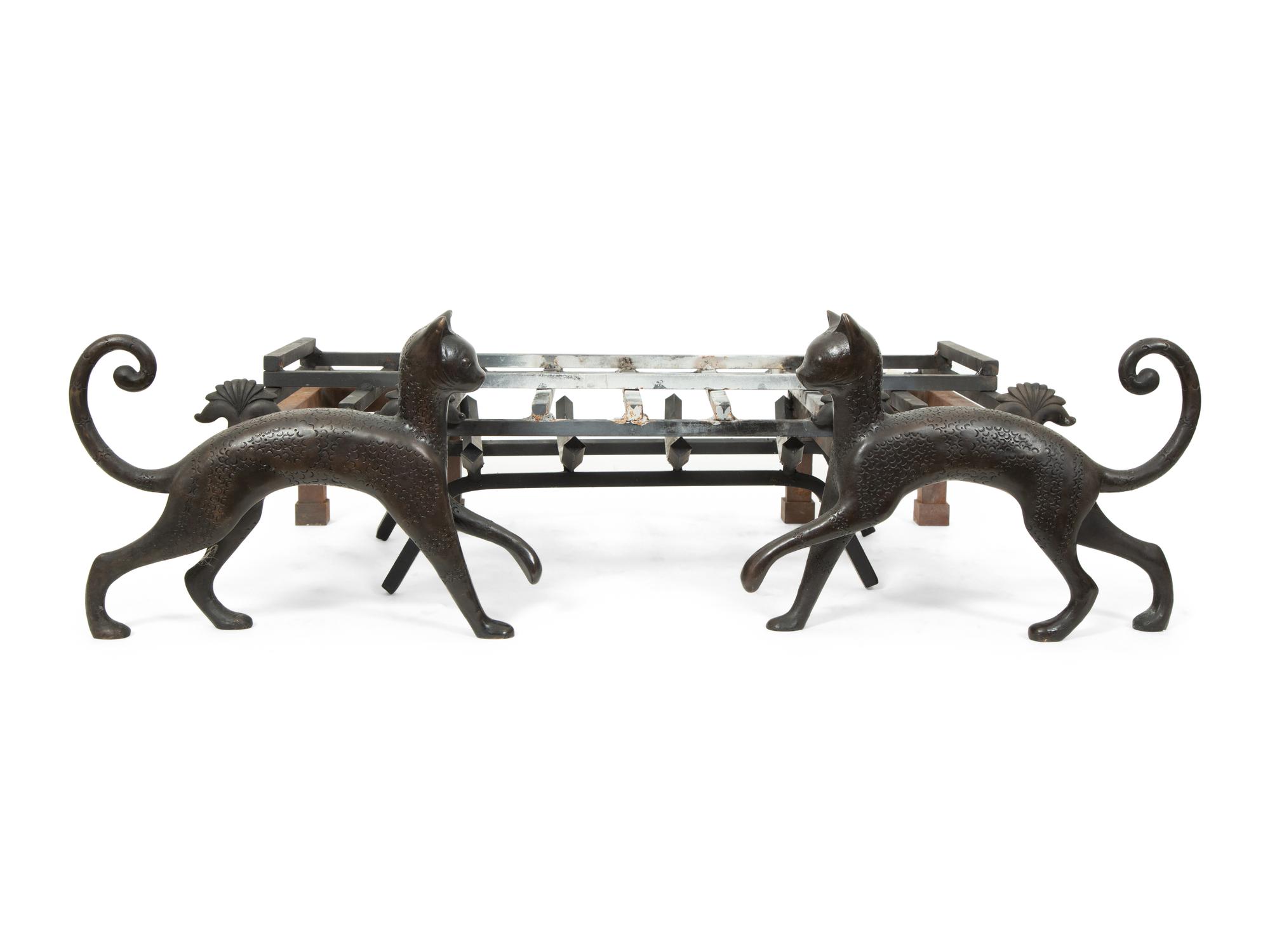 A Pair of Iron Cat Andirons after Armand Albert Rateau, by Atelier Moderne