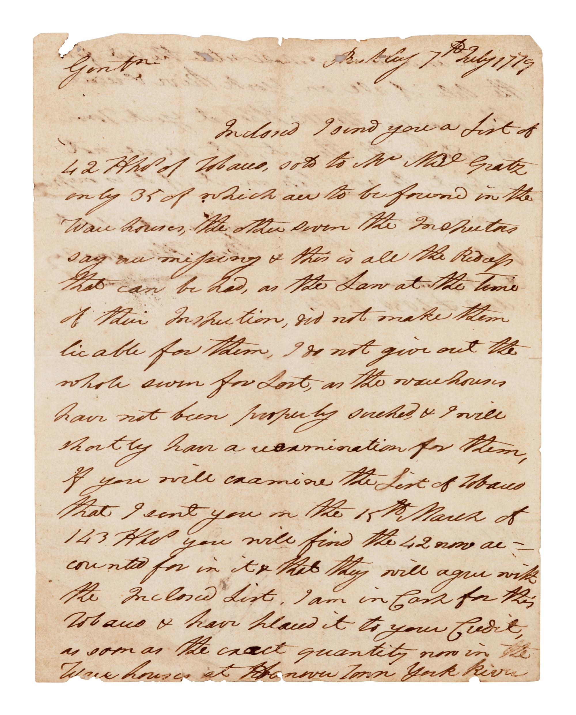 HARRISON, Benjamin (1726-1791), signer of the Declaration of Independence. Autograph letter signed ("Benj. Harrison"), as Governor of Virginia, to the Commercial Committee. Beckley, 7 July 1779.