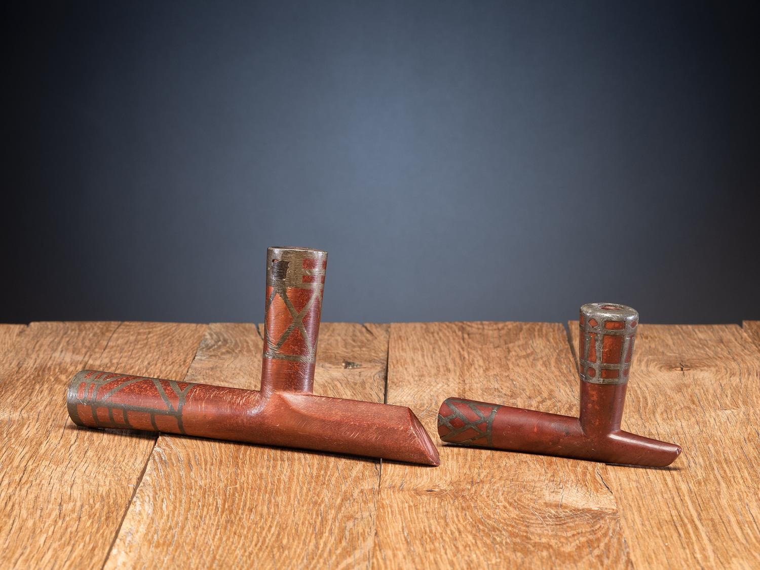 Western Great Lakes Catlinite Pipe Bowls, with Lead Inlay