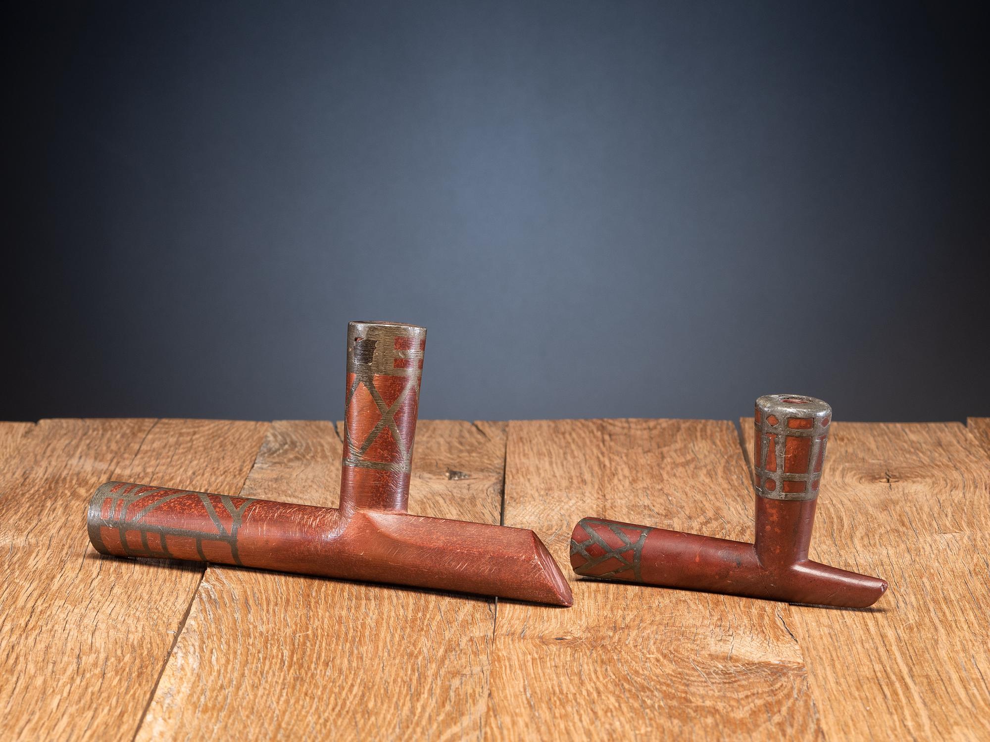 Western Great Lakes Catlinite Pipe Bowls, with Lead Inlay