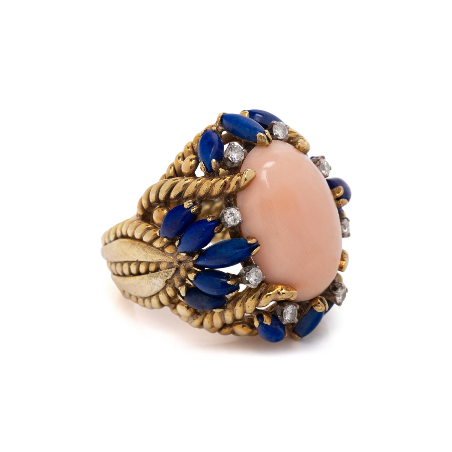 CORAL, LAPIS LAZULI, AND DIAMOND RING