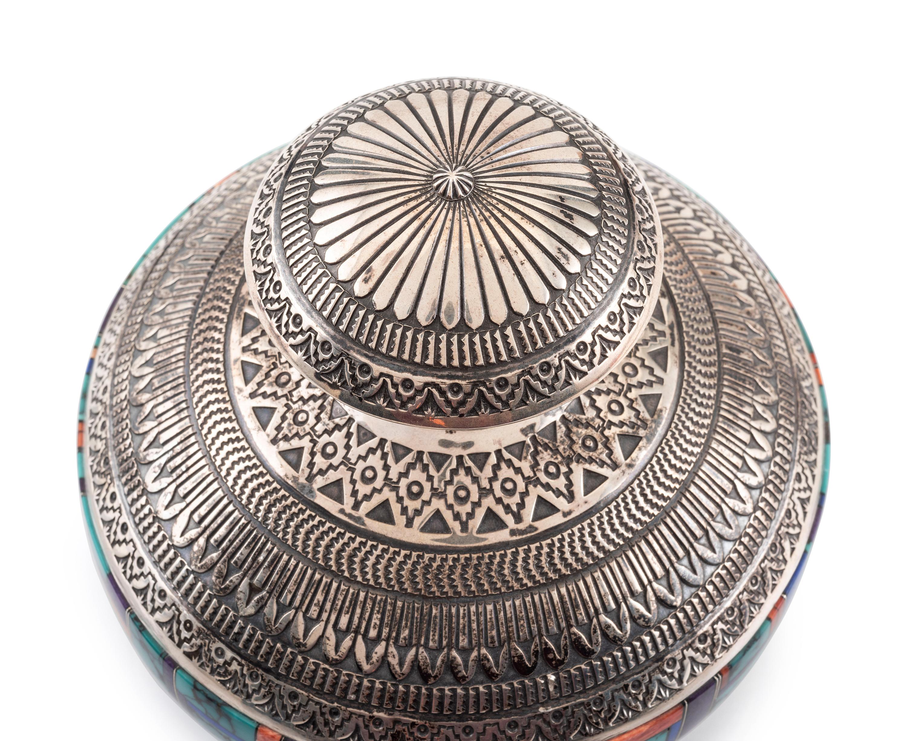 Sterling Silver Lidded Jar, with Mosaic Inlay