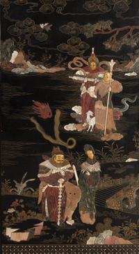 A Chinese Hardstone Inlaid Four-Panel Floor Screen, Late 19th-Early 20th Century 晚清-民國 漆地嵌寶人物瑞獸博古圖四扇屏