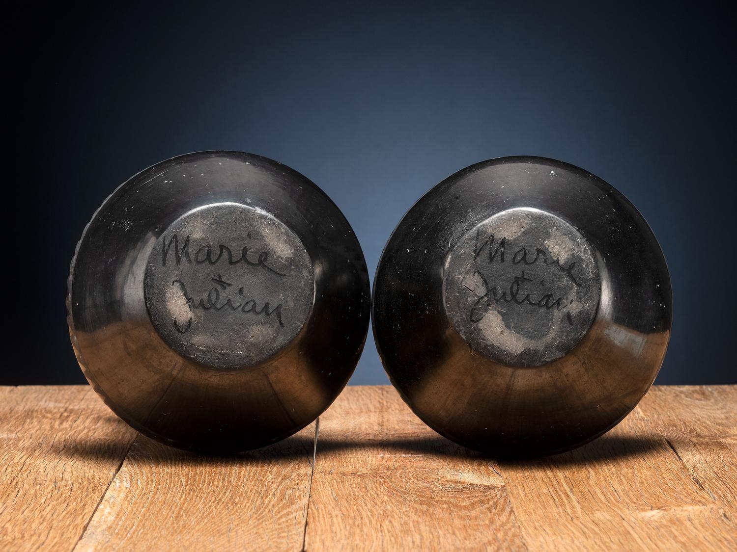 Pair of Blackware Pottery Vases, with Repeating Feather Design and Gunmetal Finish