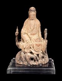 A Chinese Polychrome Painted Wood Carving of Guanyin