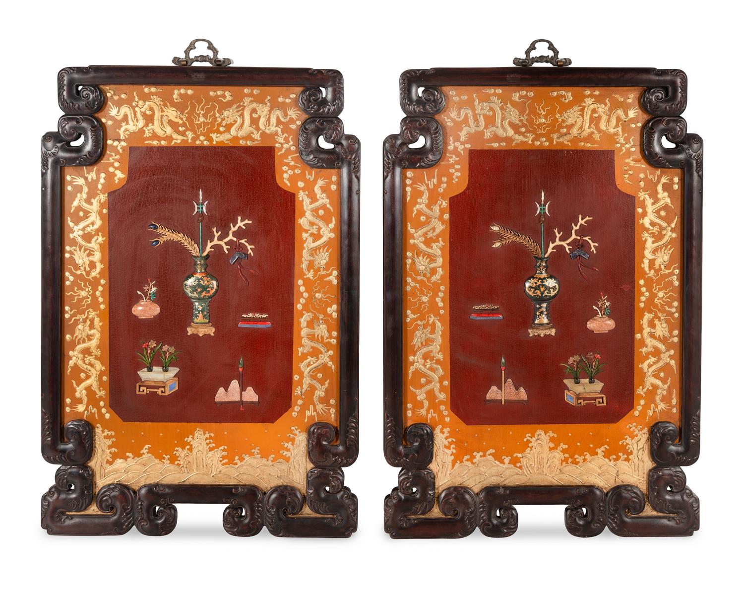 A Pair of Framed Chinese Hardstone-Inlaid Panels