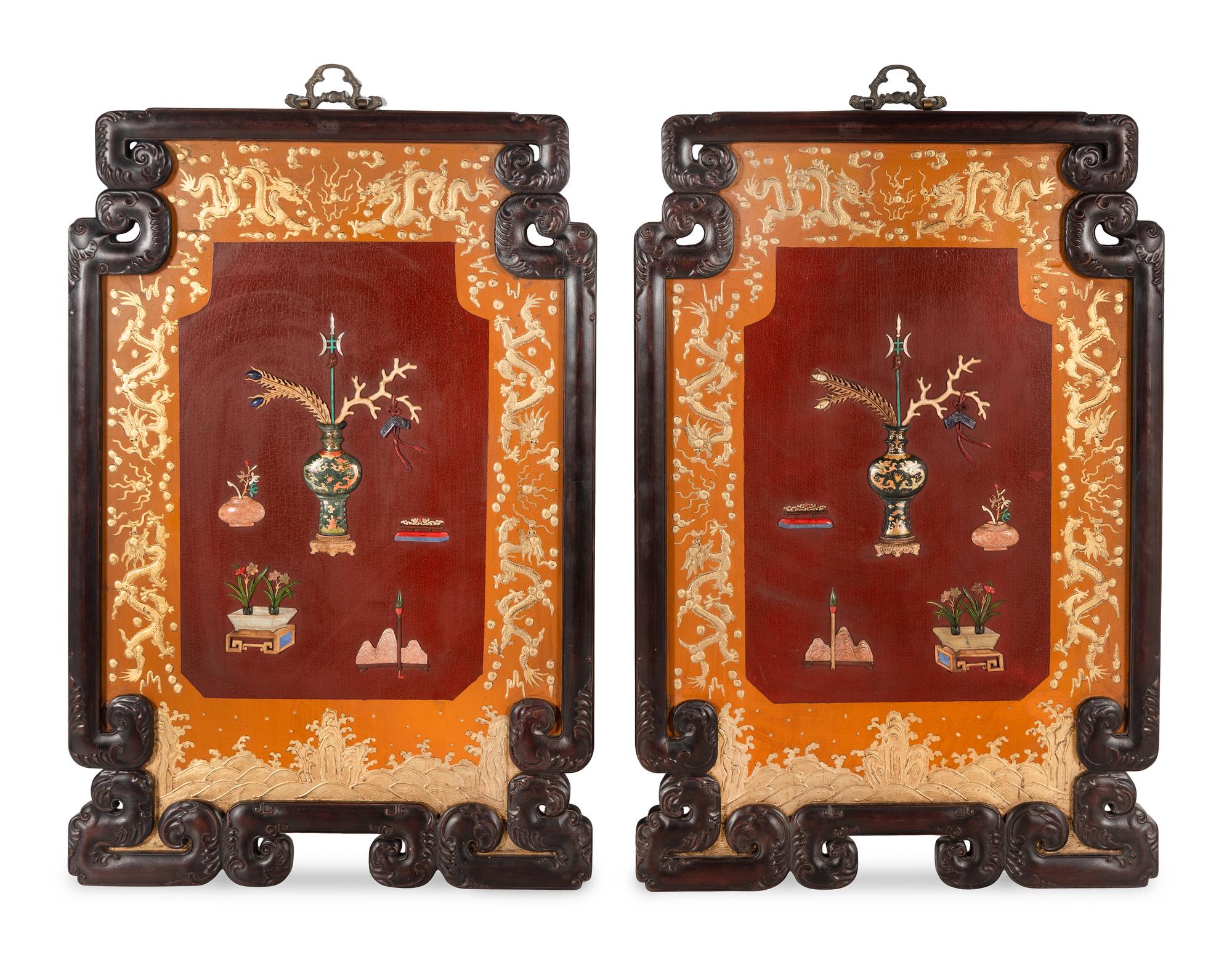 A Pair of Framed Chinese Hardstone-Inlaid Panels