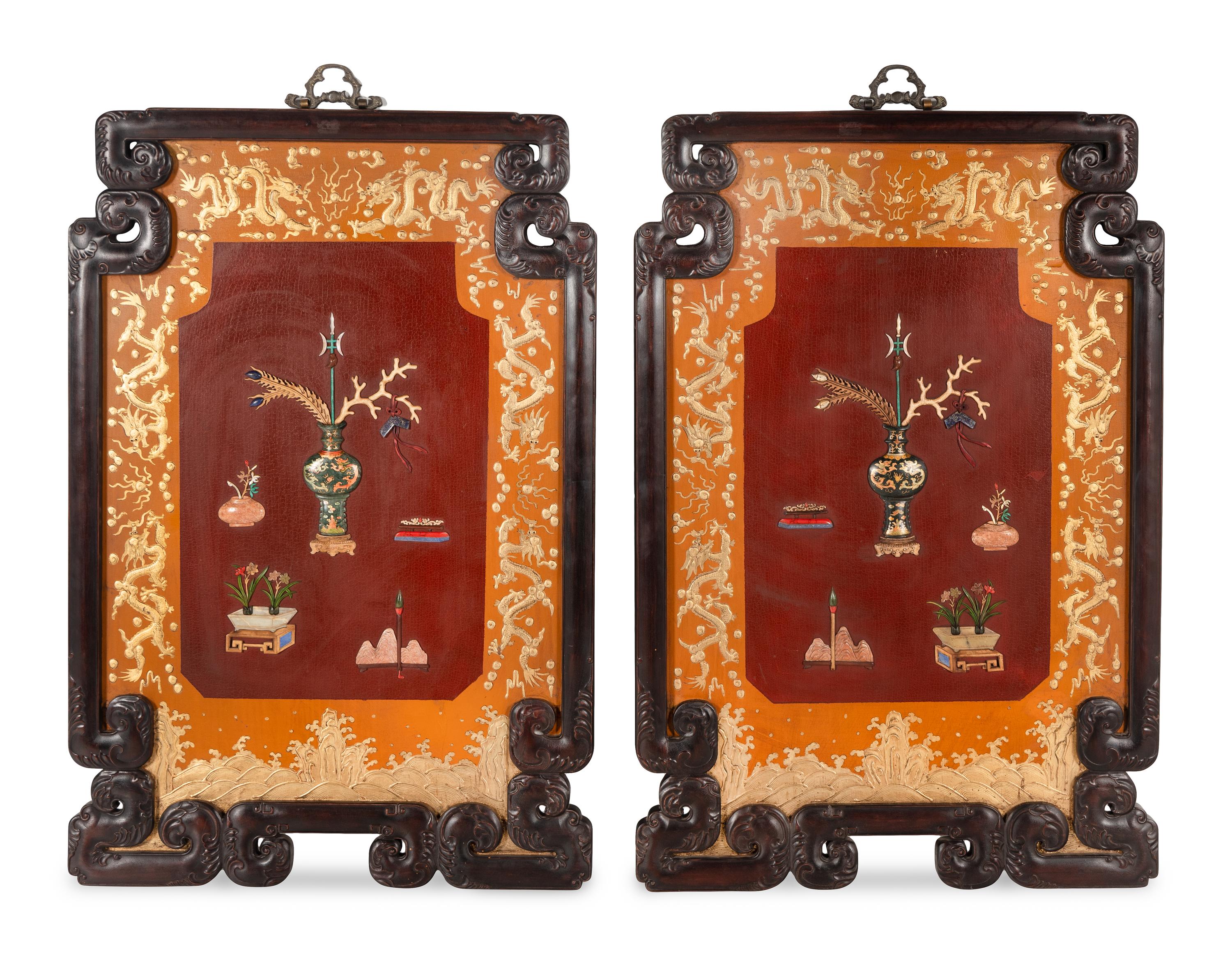A Pair of Framed Chinese Hardstone-Inlaid Panels