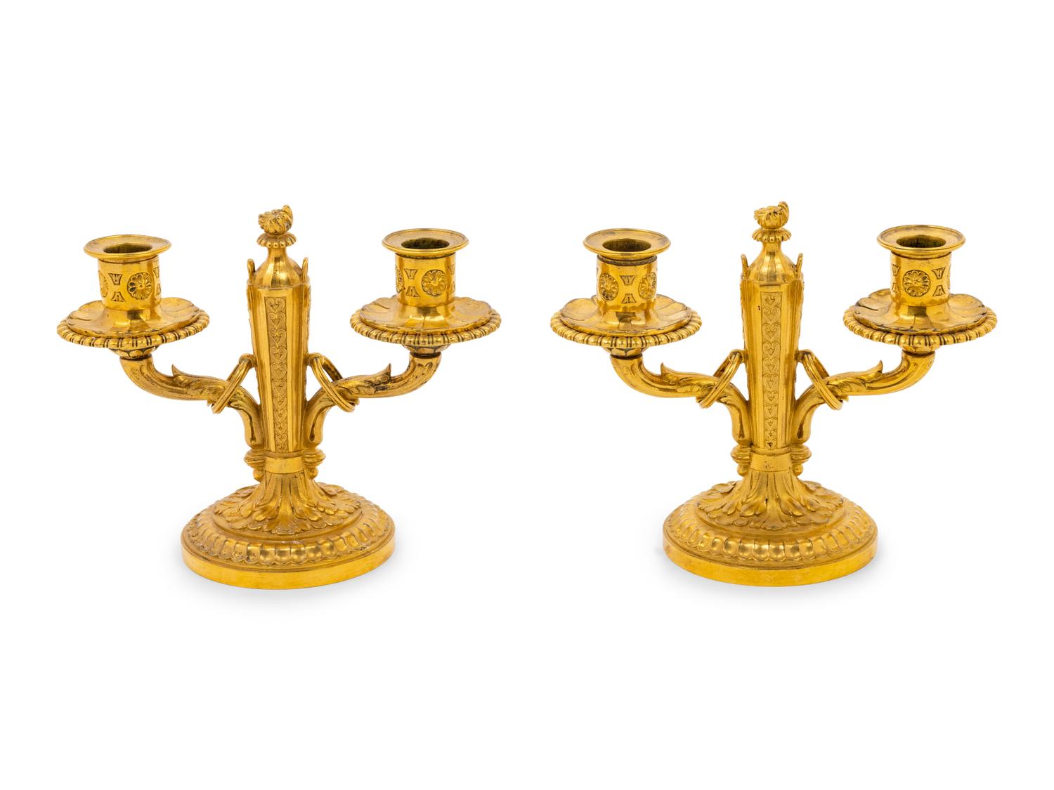 A Pair of Baltic Neoclassical Gilt Bronze Two-Light Candelabra